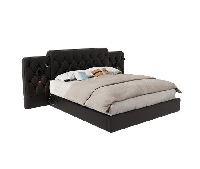 Cama tapizada 160x200 cm - cabecero largo, varios puertos usb, lámpara de escritorio, sistema hidráulico, gran espacio de almacenamiento - negro pu