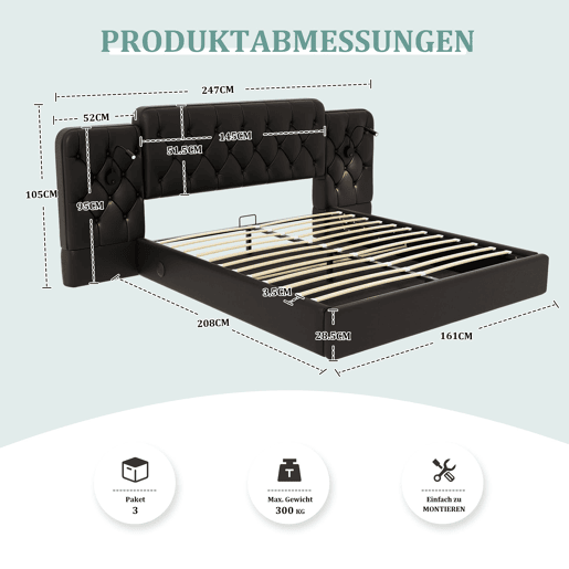 Cama estofada 160x200 cm - Cabeceira longa, várias portas USB, candeeiro de secretária, sistema hidráulico, grande espaço de arrumação - PU preto