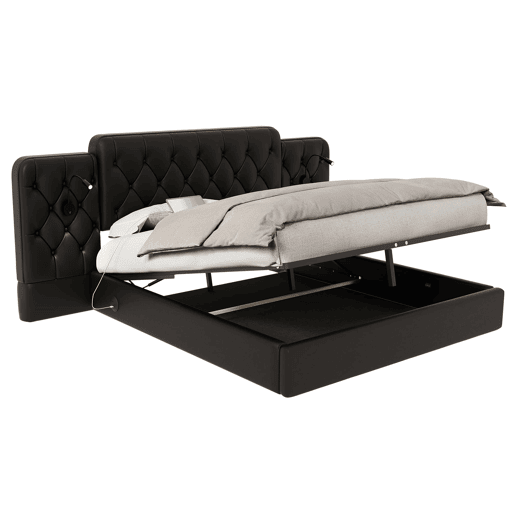Cama estofada 160x200 cm - Cabeceira longa, várias portas USB, candeeiro de secretária, sistema hidráulico, grande espaço de arrumação - PU preto