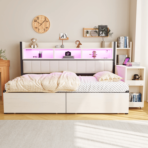 Sofá-cama 90x200 cm - Com arrumação, tomadas multifuncionais, iluminação LED, mesa extensível - Branco