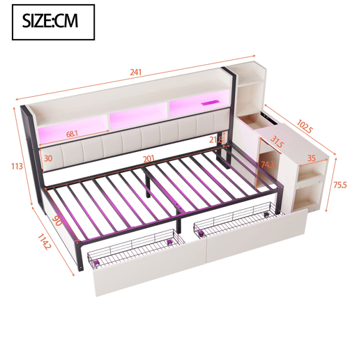 Sofá-cama 90x200 cm - Com arrumação, tomadas multifuncionais, iluminação LED, mesa extensível - Branco