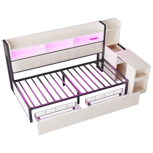 Sofá-cama 90x200 cm - Com arrumação, tomadas multifuncionais, iluminação LED, mesa extensível - Branco
