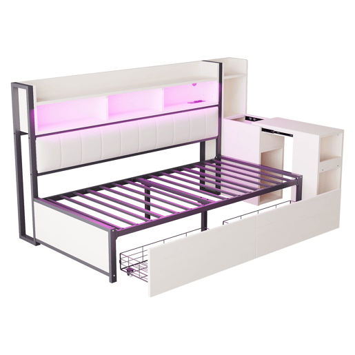 Sofá-cama 90x200 cm - Com arrumação, tomadas multifuncionais, iluminação LED, mesa extensível - Branco