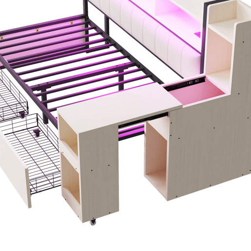 Sofá-cama 90x200 cm - Com arrumação, tomadas multifuncionais, iluminação LED, mesa extensível - Branco