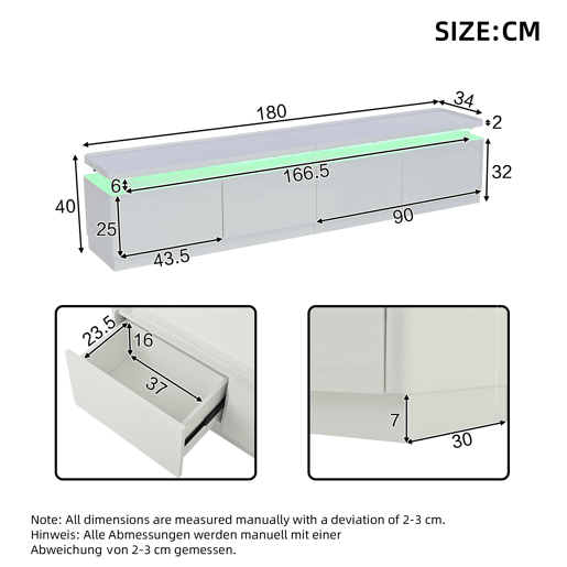 Móvel para TV 180x34x40 cm - Com 4 gavetas, LED, baixo brilho, para TV de 80 - Branco