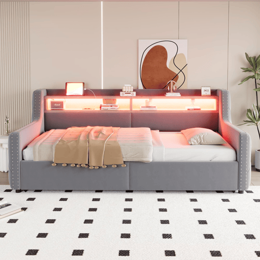 Sofá-cama 90x200 cm - Com armazenamento hidráulico, LED, tomada e USB - Cinza claro