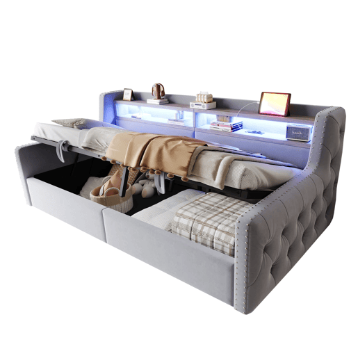 Sofá-cama 90x200 cm - Com armazenamento hidráulico, LED, tomada e USB - Cinza claro