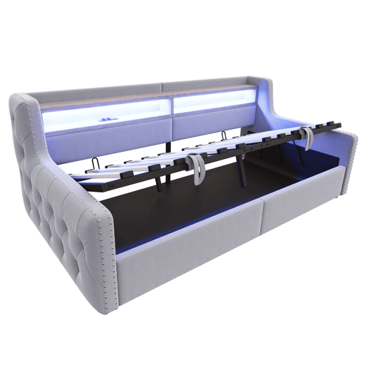 Sofá-cama 90x200 cm - Com armazenamento hidráulico, LED, tomada e USB - Cinza claro