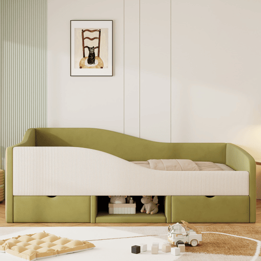 Cama multifuncional 90x190 cm - Com duas gavetas e barreiras - Verde escuro + Creme