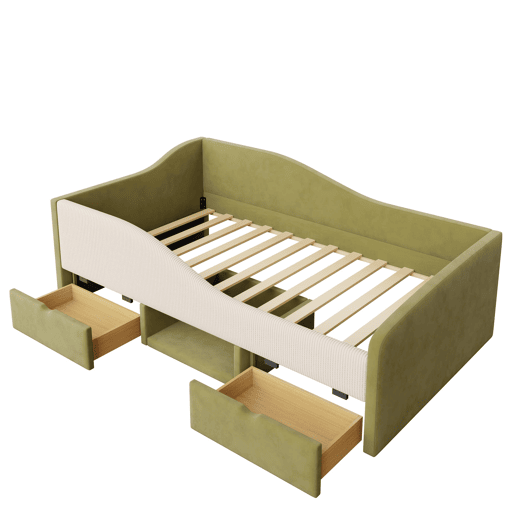 Cama multifuncional 90x190 cm - Com duas gavetas e barreiras - Verde escuro + Creme