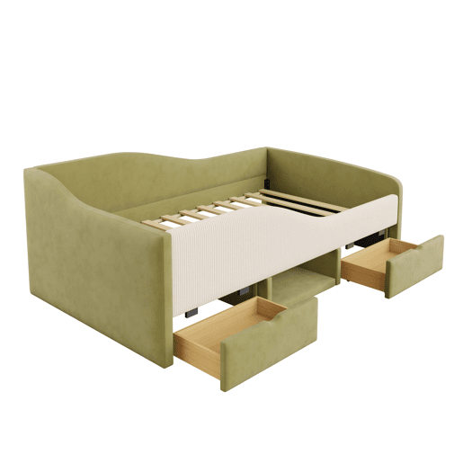 Cama multifuncional 90x190 cm - Com duas gavetas e barreiras - Verde escuro + Creme