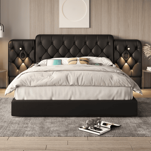 Cama estofada 180x200 cm - com luz LED, USB, armazenamento hidráulico, cabeceira longa - Preto