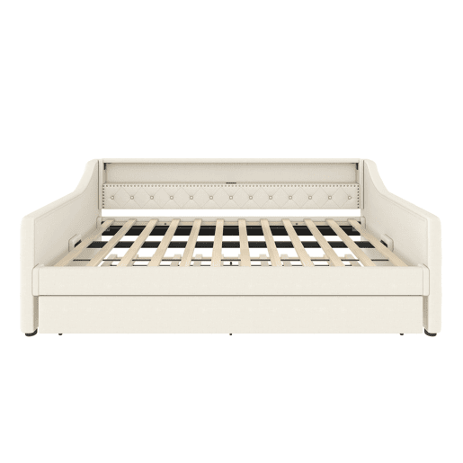 Cama de dia 90x200 cm - Sofá-cama, com estrado, luzes LED, cama extensível, USB - Bege