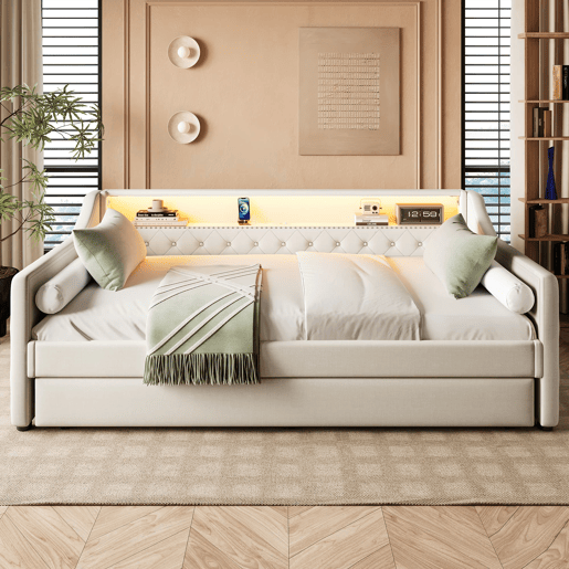 Cama de dia 90x200 cm - Sofá-cama, com estrado, luzes LED, cama extensível, USB - Bege
