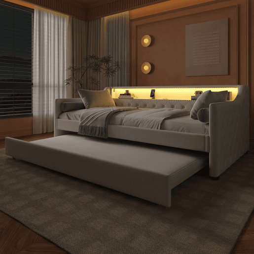 Cama de dia 90x200 cm - Sofá-cama, com estrado, luzes LED, cama extensível, USB - Bege