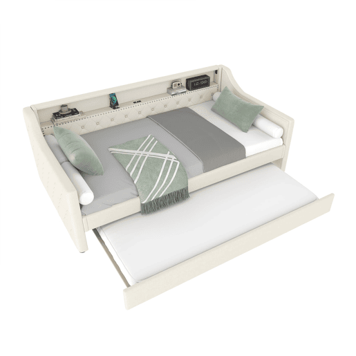 Cama de dia 90x200 cm - Sofá-cama, com estrado, luzes LED, cama extensível, USB - Bege