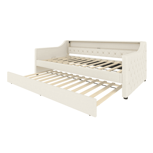 Cama de dia 90x200 cm - Sofá-cama, com estrado, luzes LED, cama extensível, USB - Bege