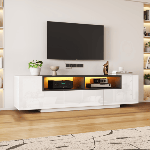 Móvel de TV 180x40x48 cm - Lowboard com luz LED, formato em L, com gavetas - Branco e preto