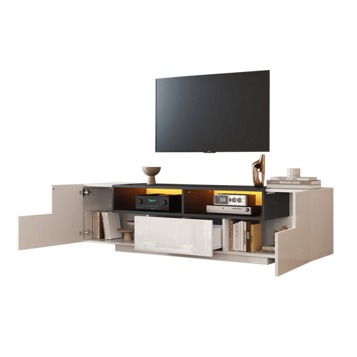 Móvel de TV 180x40x48 cm - Lowboard com luz LED, formato em L, com gavetas - Branco e preto