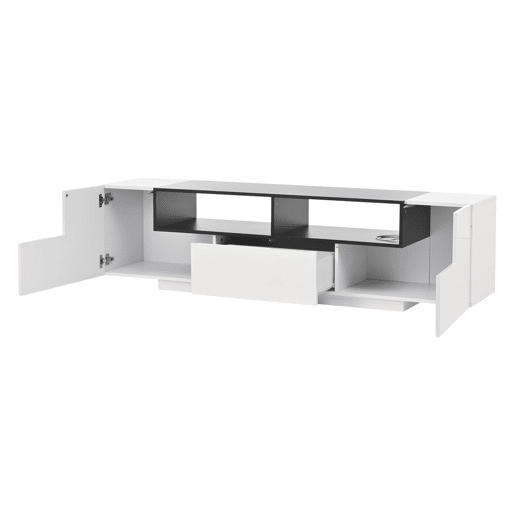 Móvel de TV 180x40x48 cm - Lowboard com luz LED, formato em L, com gavetas - Branco e preto