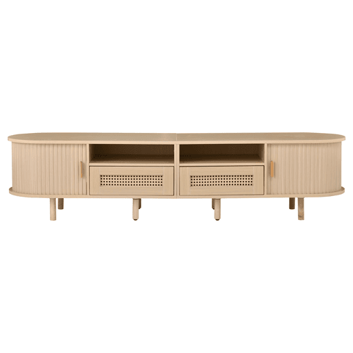 Móvel de TV ovalado 170x40x40 cm - 2 gavetas com design em rattan, 2 portas de correr - Cor carvalho claro