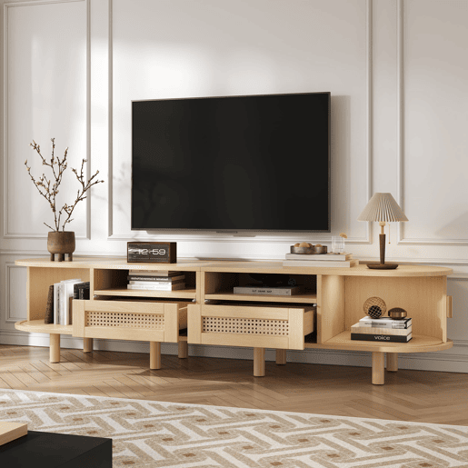 Móvel de TV ovalado 170x40x40 cm - 2 gavetas com design em rattan, 2 portas de correr - Cor carvalho claro