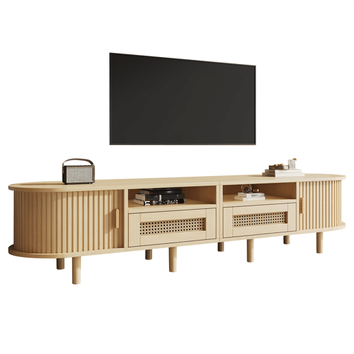Móvel de TV ovalado 170x40x40 cm - 2 gavetas com design em rattan, 2 portas de correr - Cor carvalho claro