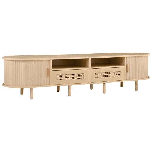 Móvel de TV ovalado 170x40x40 cm - 2 gavetas com design em rattan, 2 portas de correr - Cor carvalho claro