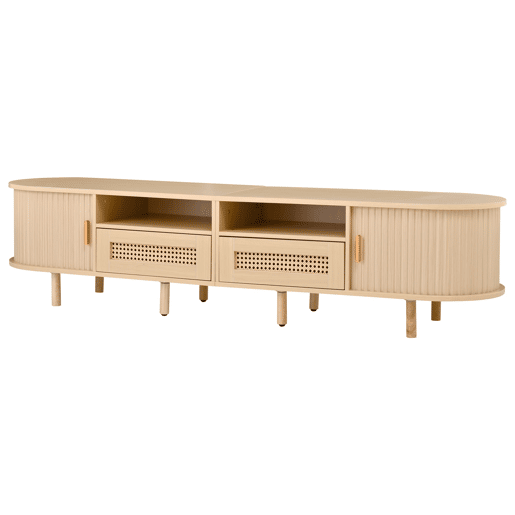 Móvel de TV ovalado 170x40x40 cm - 2 gavetas com design em rattan, 2 portas de correr - Cor carvalho claro