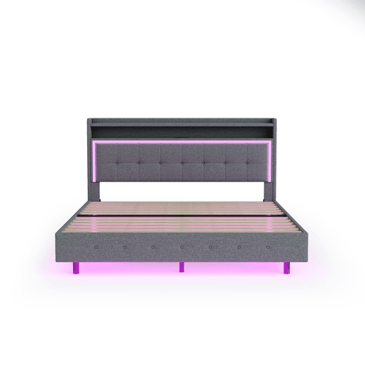 Cama estofada 140x200 cm - Com porta USB e luz LED, design com pés ocultos, tecido de linho cinzento