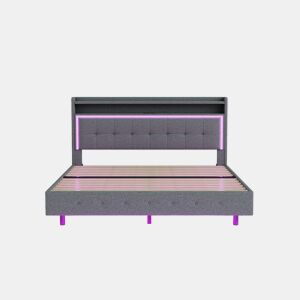 Cama estofada 140x200 cm - Com porta USB e luz LED, design com pés ocultos, tecido de linho cinzento