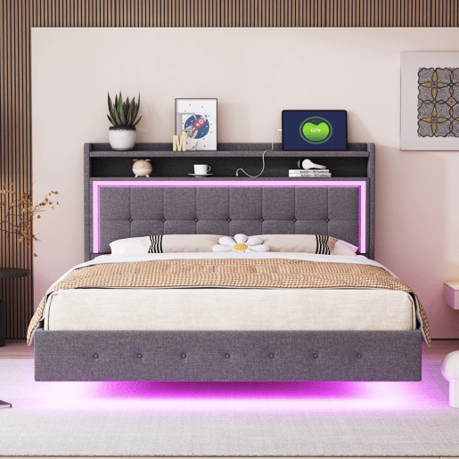 Cama estofada 140x200 cm - Com porta USB e luz LED, design com pés ocultos, tecido de linho cinzento