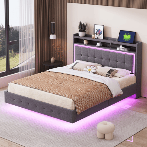 Cama estofada 140x200 cm - Com porta USB e luz LED, design com pés ocultos, tecido de linho cinzento