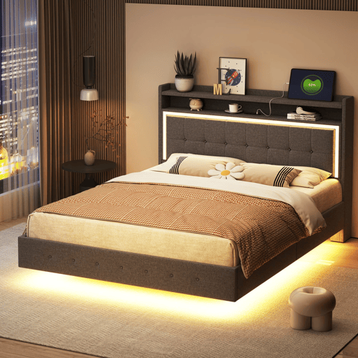 Cama estofada 140x200 cm - Com porta USB e luz LED, design com pés ocultos, tecido de linho cinzento