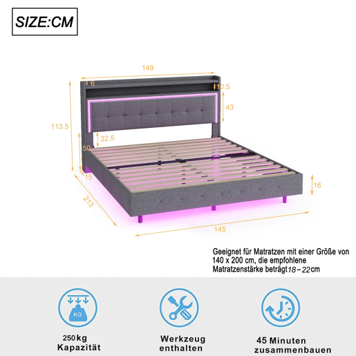 Cama estofada 140x200 cm - Com porta USB e luz LED, design com pés ocultos, tecido de linho cinzento