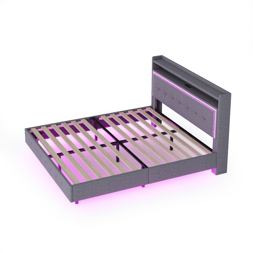 Cama estofada 140x200 cm - Com porta USB e luz LED, design com pés ocultos, tecido de linho cinzento