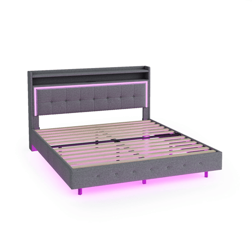 Cama estofada 140x200 cm - Com porta USB e luz LED, design com pés ocultos, tecido de linho cinzento