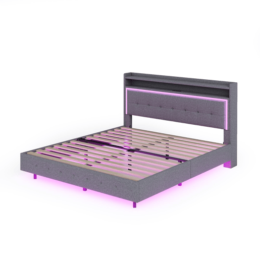Cama estofada 140x200 cm - Com porta USB e luz LED, design com pés ocultos, tecido de linho cinzento
