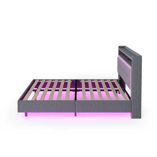 Cama estofada 140x200 cm - Com porta USB e luz LED, design com pés ocultos, tecido de linho cinzento
