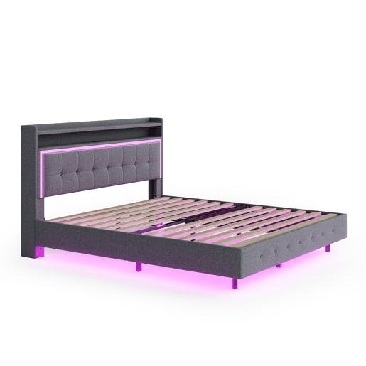 Cama estofada 140x200 cm - Com porta USB e luz LED, design com pés ocultos, tecido de linho cinzento