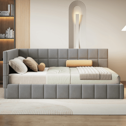 Sofá-cama 160*200 - Multifuncional com estrado de ripas - Veludo cinzento
