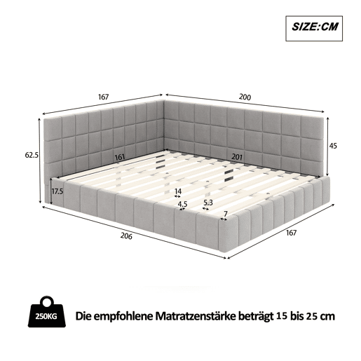 Sofá-cama 160*200 - Multifuncional com estrado de ripas - Veludo cinzento
