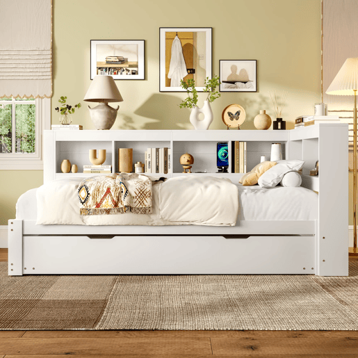 Sofá-cama, 90 x 200 cm - Com cama extraível, 2 portas USB, com estrado - Branco Sofá-cama, 90 x 200 cm - Com cama extraível, 2 portas USB, com estrado - Branco