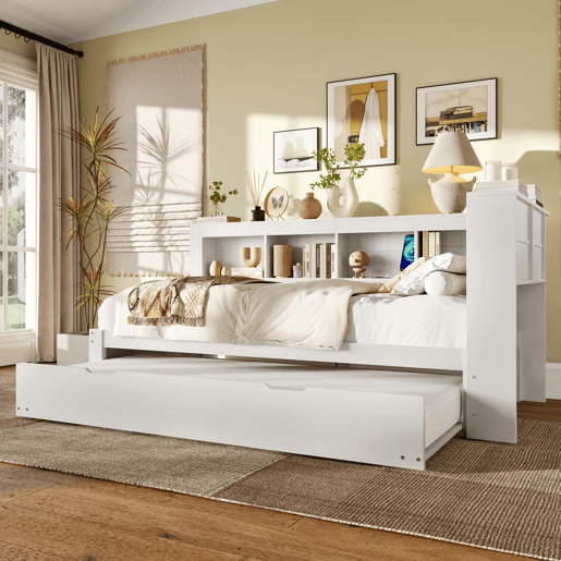 Sofá-cama, 90 x 200 cm - Com cama extraível, 2 portas USB, com estrado - Branco Sofá-cama, 90 x 200 cm - Com cama extraível, 2 portas USB, com estrado - Branco