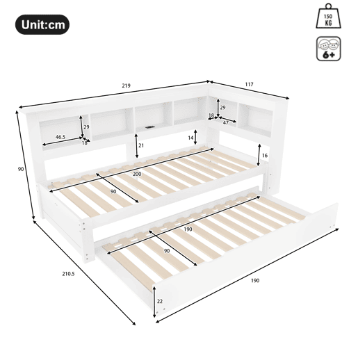 Sofá-cama, 90 x 200 cm - Com cama extraível, 2 portas USB, com estrado - Branco Sofá-cama, 90 x 200 cm - Com cama extraível, 2 portas USB, com estrado - Branco