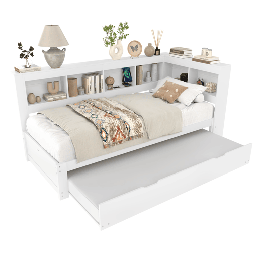 Sofá-cama, 90 x 200 cm - Com cama extraível, 2 portas USB, com estrado - Branco Sofá-cama, 90 x 200 cm - Com cama extraível, 2 portas USB, com estrado - Branco