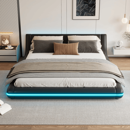 Cama plana 160x200 cm - PU, luz LED ambiente - Preto