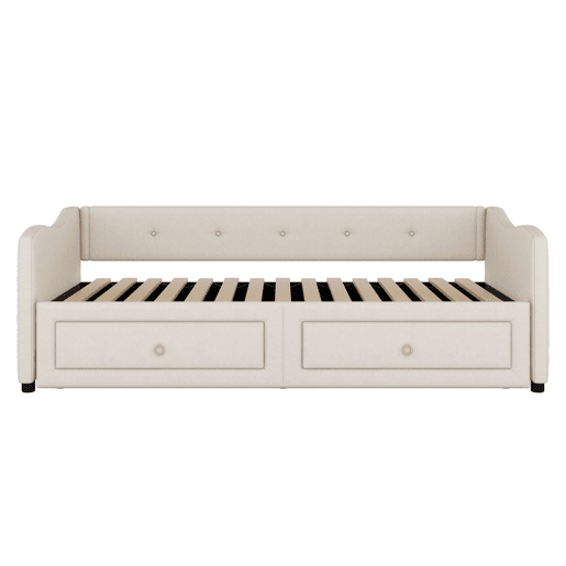 Cama de dia 90x200 cm - Cama extraível, sofá-cama com duas gavetas, linho, estilo minimalista, bege