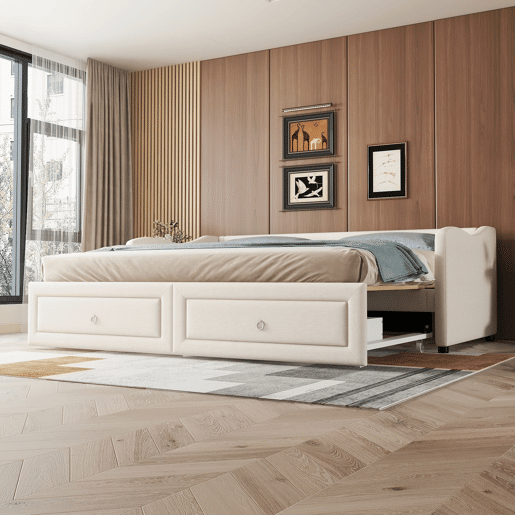 Cama de dia 90x200 cm - Cama extraível, sofá-cama com duas gavetas, linho, estilo minimalista, bege