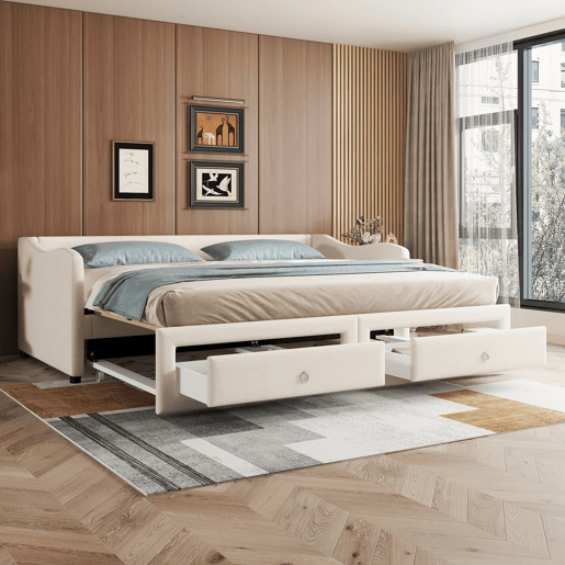 Cama de dia 90x200 cm - Cama extraível, sofá-cama com duas gavetas, linho, estilo minimalista, bege
